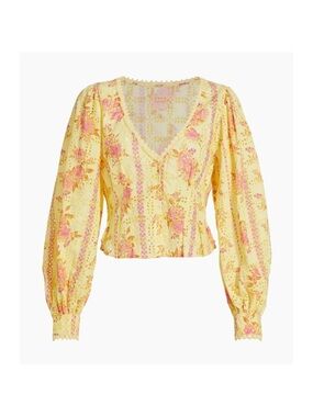 Free People Yellow Eyelet V-Neck Floral Blouse